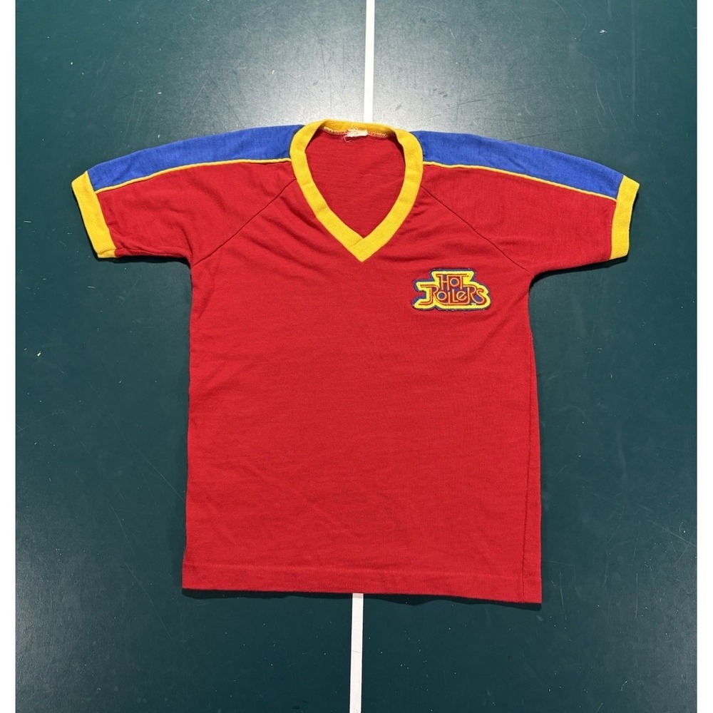 Vintage 70s Baby Tee Hot Rollers Red Blue Yellow Raglan Stretch Knit Shirt XS